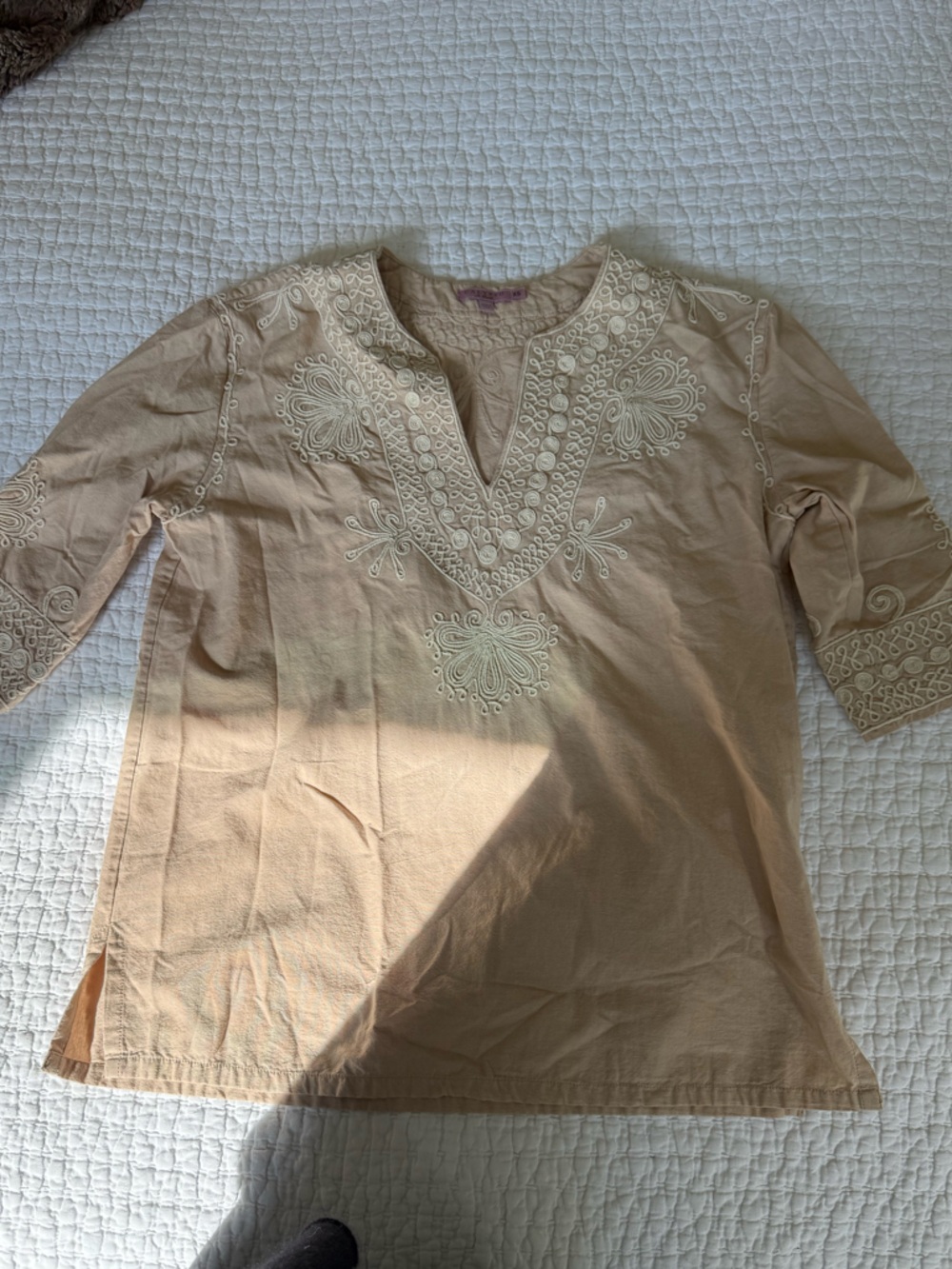 Calypso Embroidered V-Neck Tunic Top - Cream